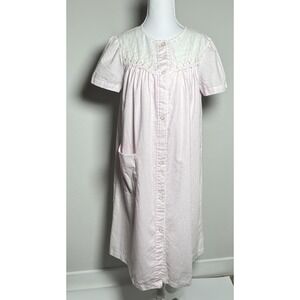 Vtg Carole Pink‎ Seersucker Nightgown Housecoat Set Sz S USA Pocket Cottagecore